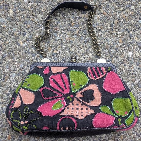 Isabella Fiore Pink Green Floral Canvas Beaded Handbag